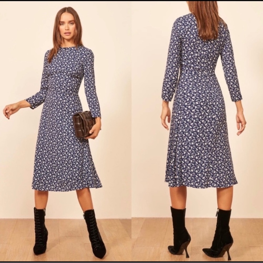 Reformation - Dark Blue & White Floral Print Long Sleeve Midi Dress Sz 10 NWT